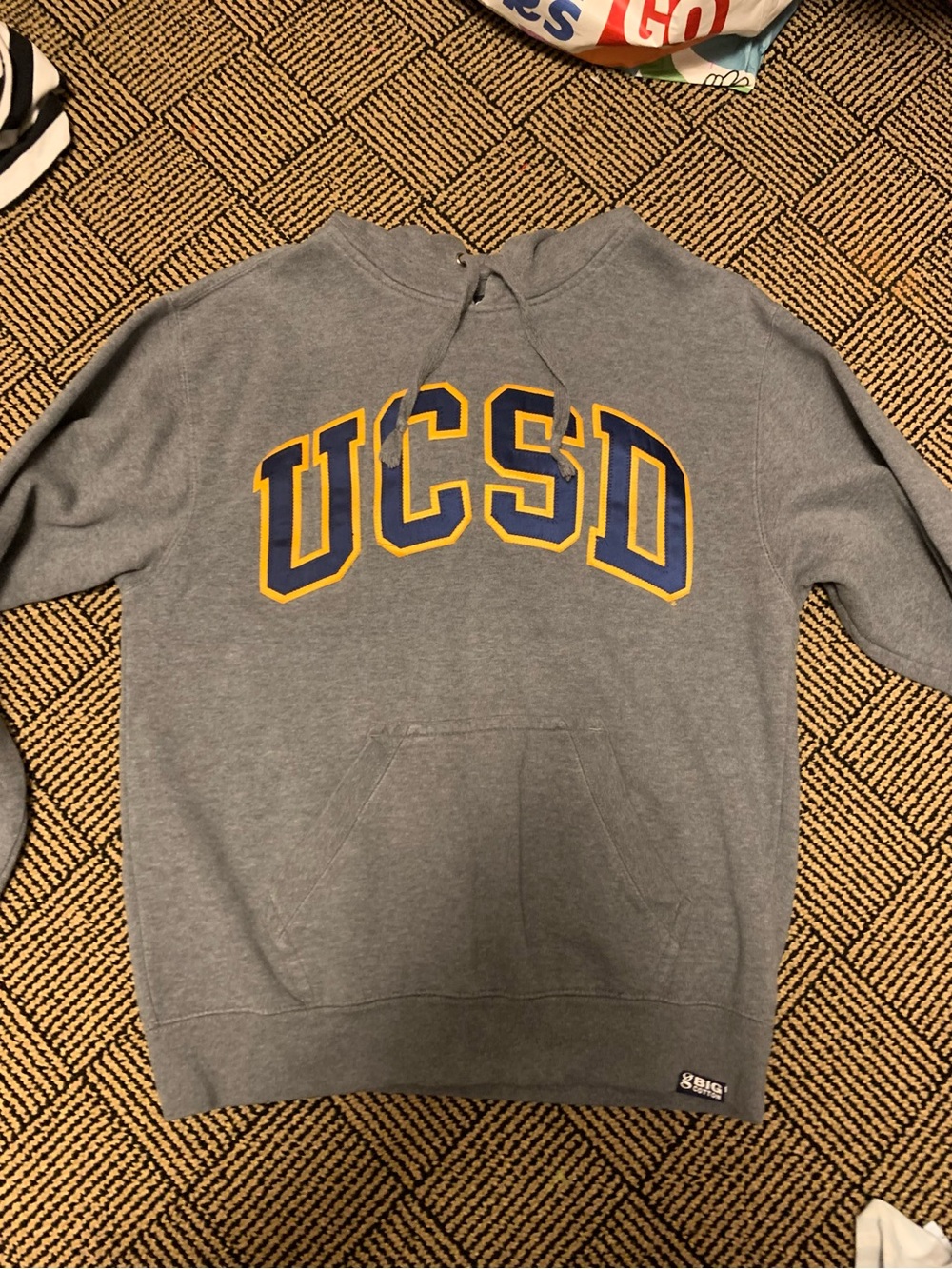 Grey UCSD hoodie with Yellow & Navy Lettering